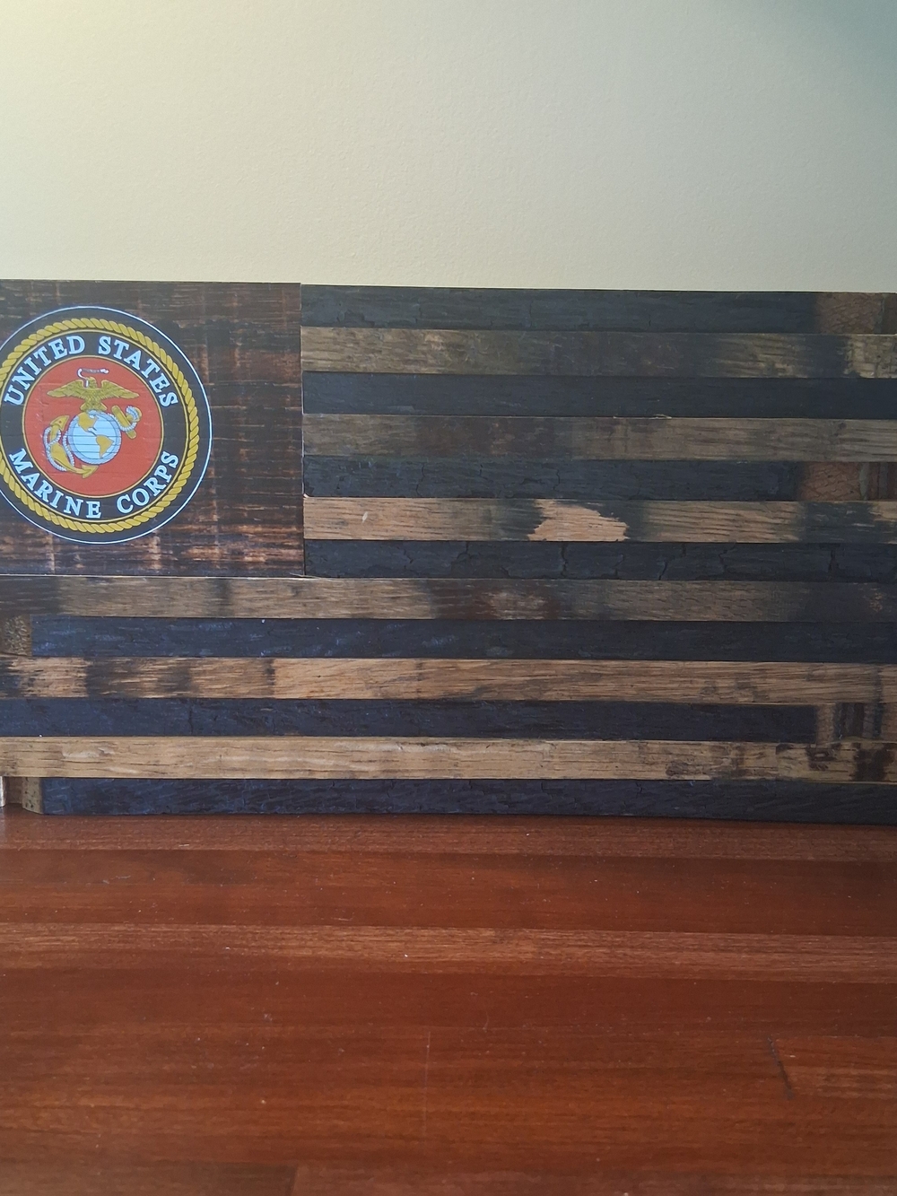 Heritage Flag US Marine Corps Handcrafted Charred Oak Wood Whiskey Barrel